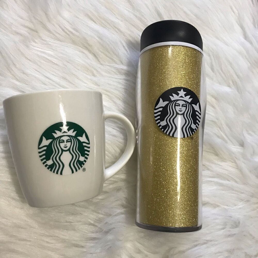 White Starbucks‎ Mug & Gold Glitter Travel Tumbler Cup